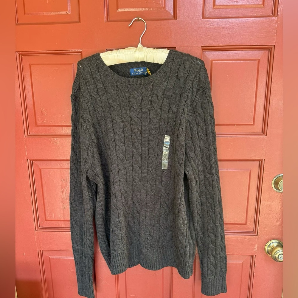 Polo Ralph Lauren Sweater Men’s Gray Cotton Cable Knit Crew Neck Black Pony L